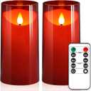 NURADA Flameless Candles with Remote Timer: 3D Wick Battery Operated Led Pillar Fake Candle Set for Wedding Birthday Christmas Decorations - Red 2 Pack (6" x 6")