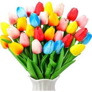 Lyrow 30 Pcs Tulips Artificial Bouquet Flowers Faux Tulips for Home Kitchen Wedding Decorations,Gift Idea for Easter Decor Mother's Day Birthdays (Classic Color)