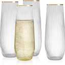 HOMIP 36pcs Plastic Champagne Flutes with Gold Rim - 9oz BPA-free Disposable Champagne Glasses, Ribbed Ripple Design for Weddings, Parties, Bars & Events (Stemless, Durable)