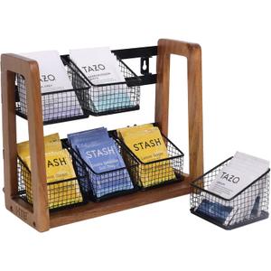 HTB 2 Tier Tea Organizer for Tea Bags, Tea Bag Holder with Acacia Wood Stand and 6 Removable Metal Basket for Sugar Packets, Sweeteners, Creamers for Cabinet, Countertop or Wall-mounted