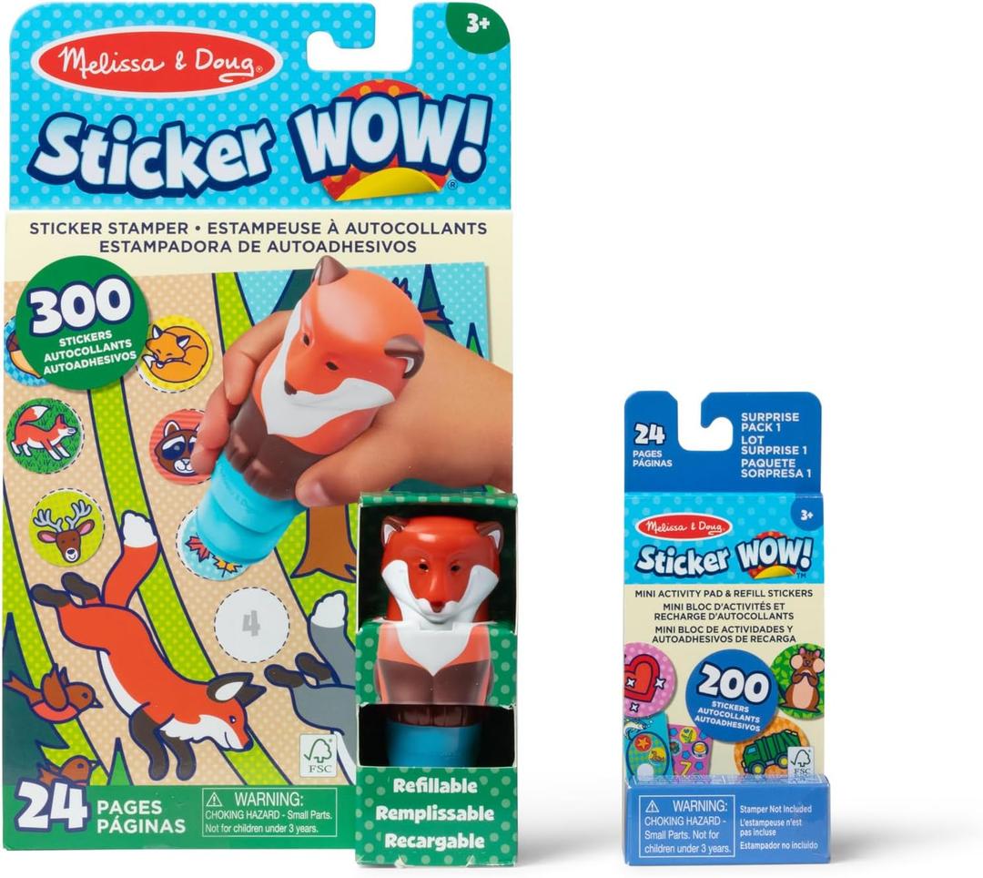Melissa & Doug Sticker Wow! Fox Bundle: 24-Page Activity Book, Refillable Sticker Stamper, Mini Pad, 500 Stickers, Arts and Crafts for Kids Ages 3+