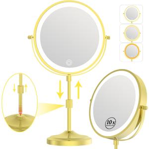 9" Lighted Makeup Mirror with 1X 10x Magnification, 5000mAh Rechargeable Magnifying Vanity mirror with lights, 3 Lighting Color, Dimmable and Height Adjustable Cordless Cosmetic Mirror (10X Gold)