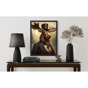 Moose Vintage Portrait Poster Art Print, Classic Animals Wall Decor Home Art for Bedroom, Mancave, Living Room , 14" L x 11" W, Black Frame
