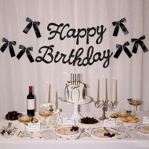 xo, Fetti Happy Birthday Banner, Black Glitter + Satin Bows - 5.5 Ft. | Birthday Decorations, Coquette Bday Decor, 30th Party Sign, 21st Photo Booth Backdrop