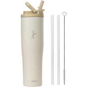 Coolflask Water Bottle 40 oz Fits Car Cup Holder, Slim Tumbler Stainless Steel with Straw & Handle, Vacuum Flask Leakproof Wide Mouth for Travel Sports Gym, Cream White