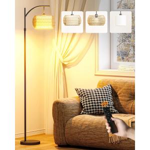 Rattan Floor Lamp for Living Room, Upgrade Packaging & Bulb, Boho Floor Lamp with Remote Control, Adjustable Height and 360 Rotation, Farmhouse Arc Floor Lamp for Bedroom, Study, Workroom