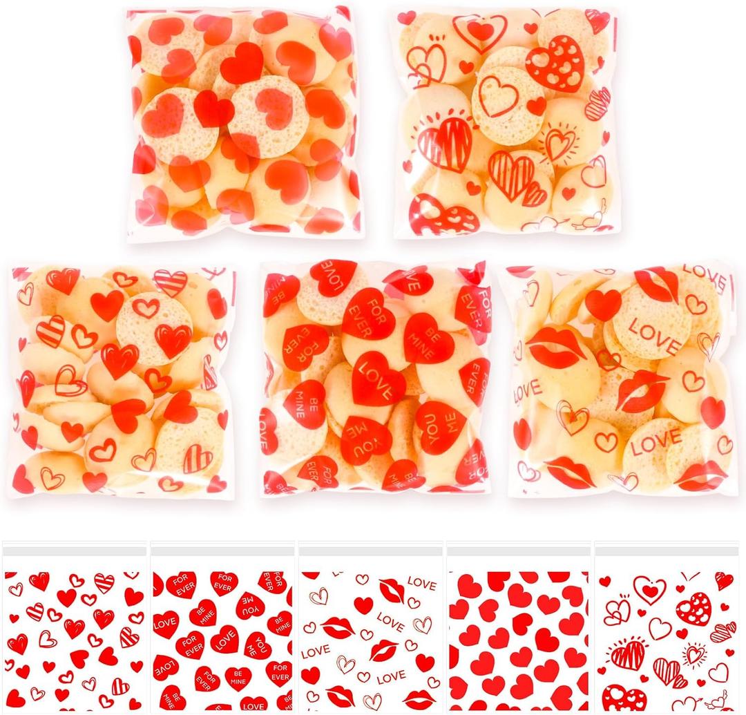 Konsait 100 Pcs Valentine Cellophane Treat Bags Self Sealing 4x5 Cellophane Bags for Valentine Galentine Wedding Birthday Party Favors Supplies