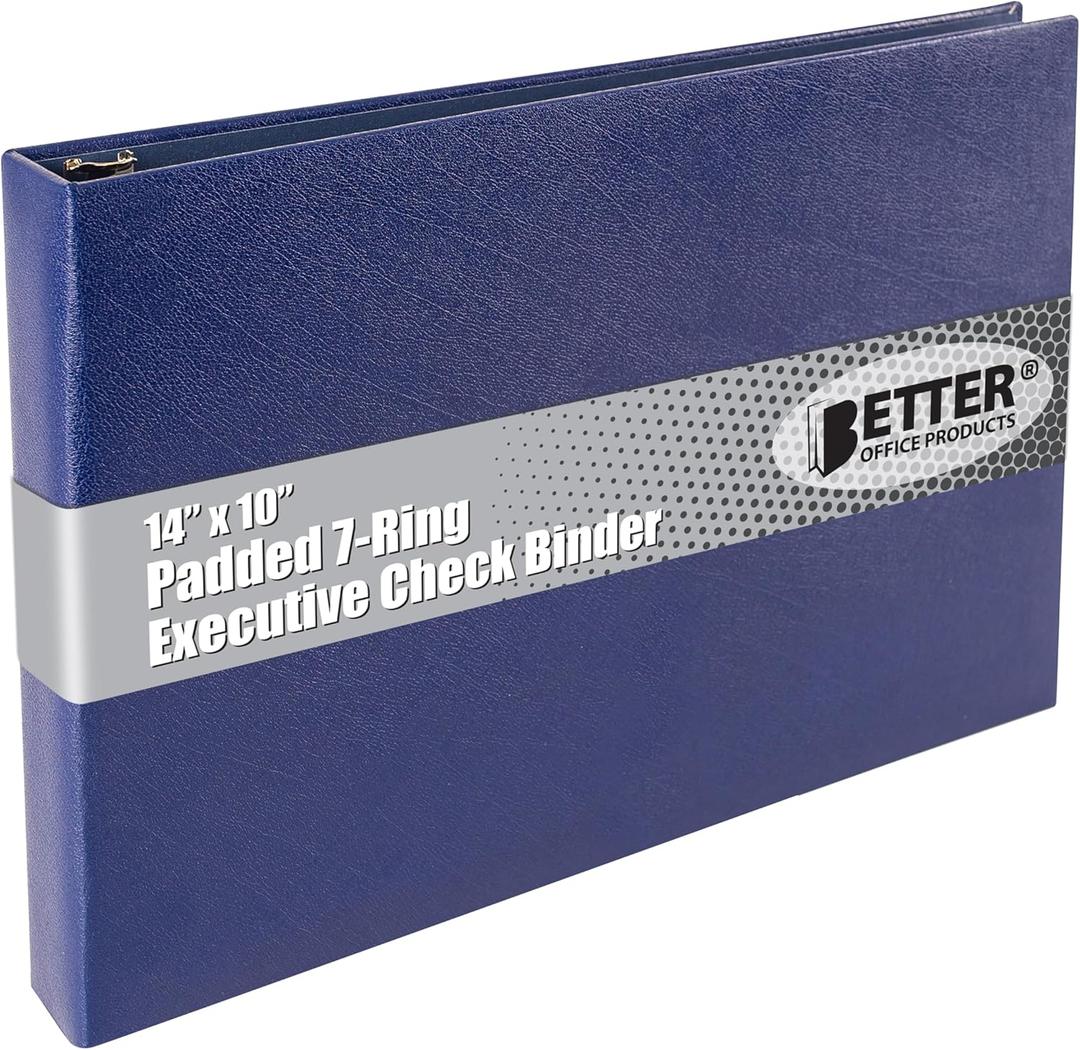 Better Office Products 7 Ring Executive Check Binder with Zipper Pouch, Padded Blue Textured Cover, for 9" x 13" 3 Per Page Business Checks, 600 Check Capacity Checkbook Holder