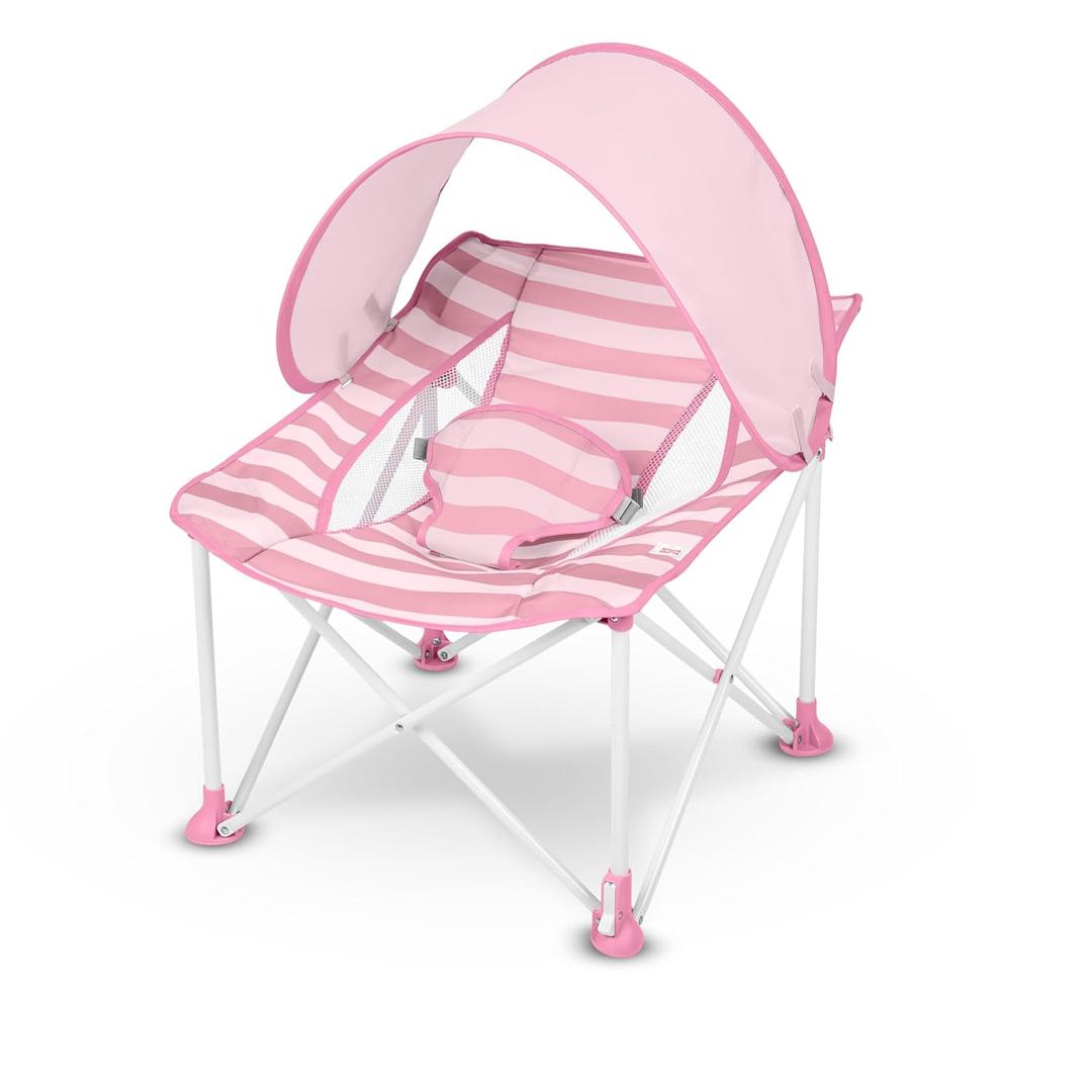 Bright Starts Pop N Chill Baby Chair Travel Seat, Indoor/Outdoor Use, Portable Infant Seat with Removable UPF 50+ Canopy, Pink, 0-6 Months