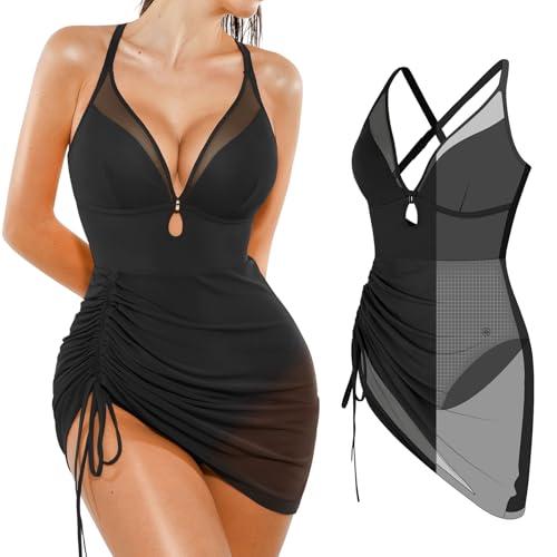 Popilush Shapewear Swimsuit Womens One Piece Swimsuits Tummy Control Swim Dress Slimming Bathing Suit Mesh Sheer Swimdress Black, Size Large