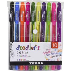 Zebra Pen, Doodlerz Gel Stick Pens, 1.0mm Needle-Point Tip, Fashion and Neon Gel Ink, Vibrant Assorted Colors, Water-Based Ink, Journaling and School Pens, 10 Count Pack