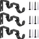 Heavy Duty Curtain Rod Brackets - Double Rod Holders 1" and 5/8" Inch (Set of 3, Black)