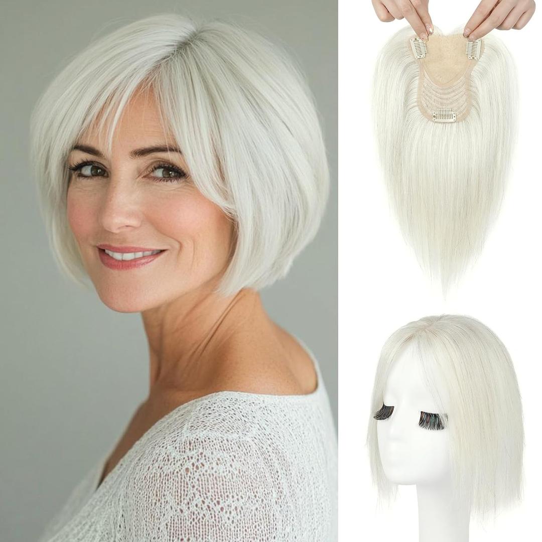REECHO Human Hair Toppers for Women Real Human Thick Hair Topper Invisible Wiglett for Daily Wear Adding Instant Volume, Warm platinum blonde