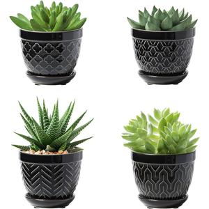 Sureasy Succulent Pots, 3.5 Inch Flower Pots for Indoor Plants, Small Plant Pots with Saucer & Drainage, Decorative Ceramic Planters for Succulent, Cactus, Set of 4, Black