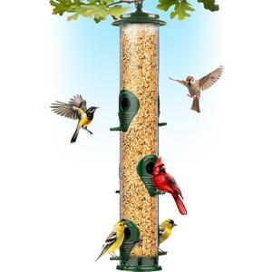 Bird Feeders for Outdoors (Green) Squirrel Proof Hanging Bird Feeder with Locking Lid & Adjustable Hanger, Chew-Proof, Weather Resistant 16 Inches 6 Port (6 Ports)