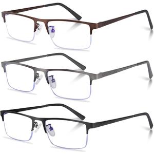 3-Pack Reading Glasses for Men, Lightweight Metal Half Frame Blue Light Blocking Computer Readers, Stylish Filter UV Ray/Computer Glare with Spring Hinge Eyeglasses(3PCS Mix Color,+2.25)