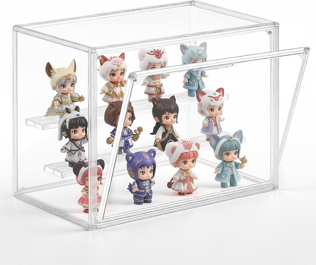 eYotto 1 Pack Acrylic Display Case for Collectibles, Clear Stackable Movable 3-Tier Hobby Display Cases, Acrylic Display Box with Lid and Magnetic Door for Figures Size 12 (Transparent)
