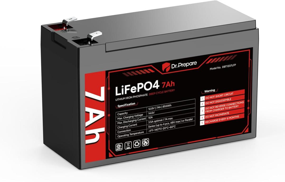 DR.PREPARE 12V 7Ah LiFePO4 Battery, Lithium Batteries 12v with 7A BMS, 4000+ Deep Cycle Lithium Iron Phosphate Rechargeable Battery for Fish Finder, Lighting, Alarm System
