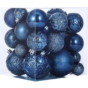 46 Pcs Navy Blue Christmas Ball Ornaments, Shatterproof Christmas Tree Ornaments Set with Velvet Christmas Bows Decor, Vintage Xmas Decorations with Hanging Hooks in 3 Sizes(Small Medium Large)