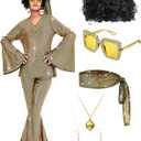 Jexine Halloween 70s Women Disco Costume Set Disco Party Top Pants Sunglasses Ball Necklace Earring Wig (3X-Large, Gold)