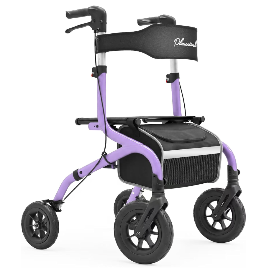 PLANET WALK Folding Rollator Walker for Seniors with 10" & 8" All-Terrain Thick Treaded Rubber Tires, 300lb Capacity Aluminum Frame, Breathable Seat & Backrest, Lightweight Mobility Aid, Purple