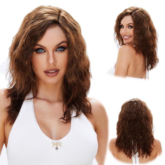 REEWES FASHION HAIR 13x4x1 Chocolate Brown Glueless Lace Front Wigs Pre Plucked Synthetic Water Wave wig With Reddish Brown Highlight Wear and Go HD lace front Wig for Women