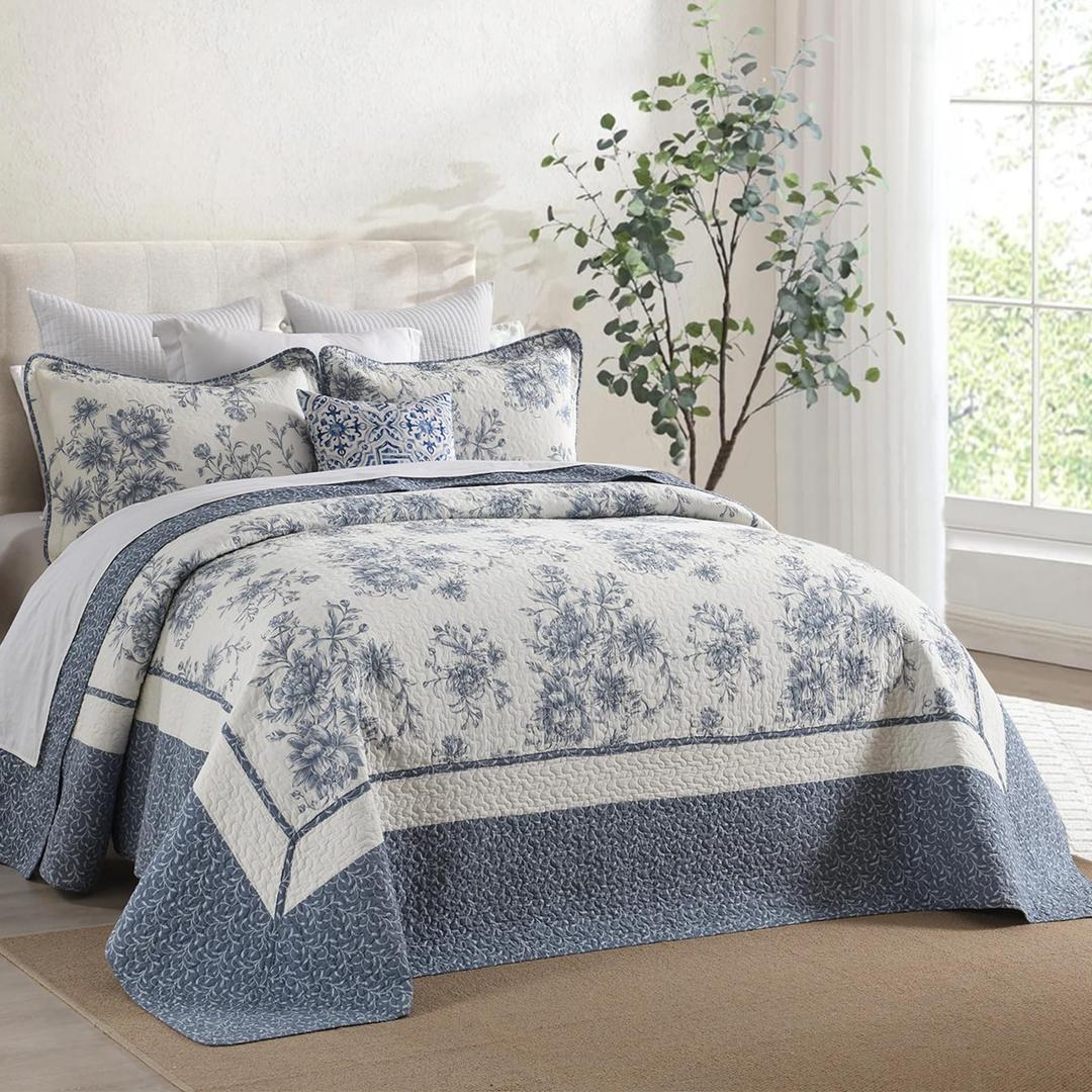 SOElinens Oversized King Bedspread 120x120 - Botanical Floral Farmhouse Reversible California King Quilt Set, 3-Piece Lightweight Thin Comforter Coverlet Set, 100% Cotton, Cal King, Blue/Off White