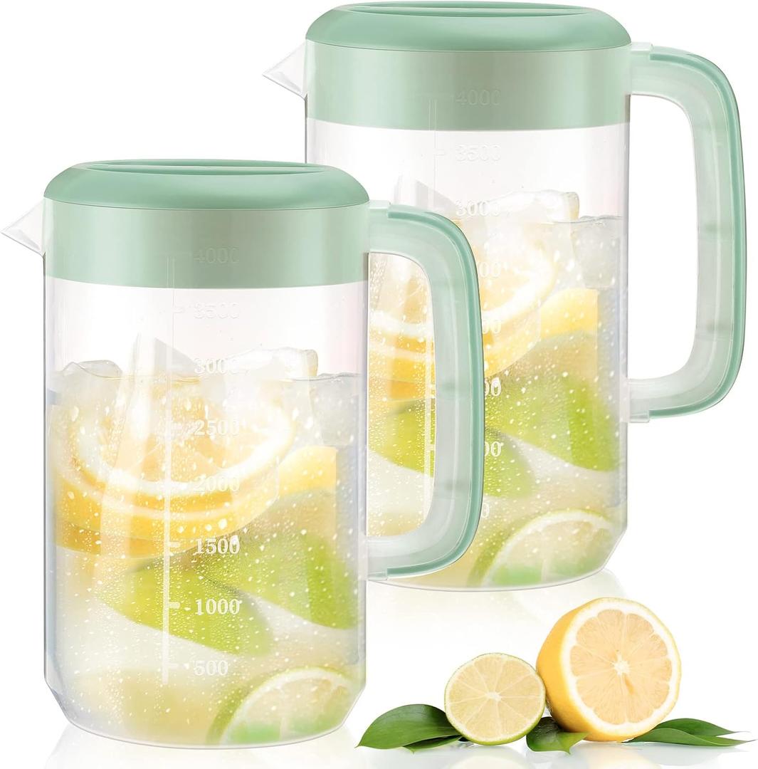 2Pcs Plastic Pitcher with Lid Large Clear Water Carafe Jug Ice Tea Pitcher Lemonade Juice Beverage Jar with Strainer Cover Handle Measurements for Hot Cold Coffee Drink (Green,1 Gallon/4L)