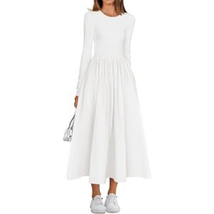 BTFBM Casual Long Sleeve Dresses Spring Dresses 2025 Wedding Guest Dress Midi Dress Flowy Bohemian Long Dress (Medium, White)