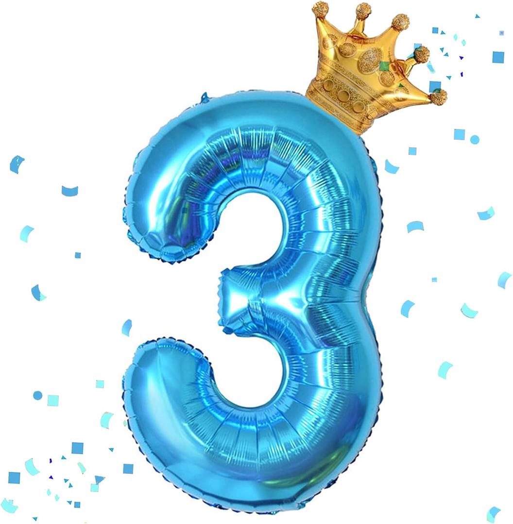 40 Inch Blue Number 3 & Mini Crown Balloon for Birthday Party Decorations, 3rd Birthday Party Decorations Blue Theme Party Balloons Decorations Supplies