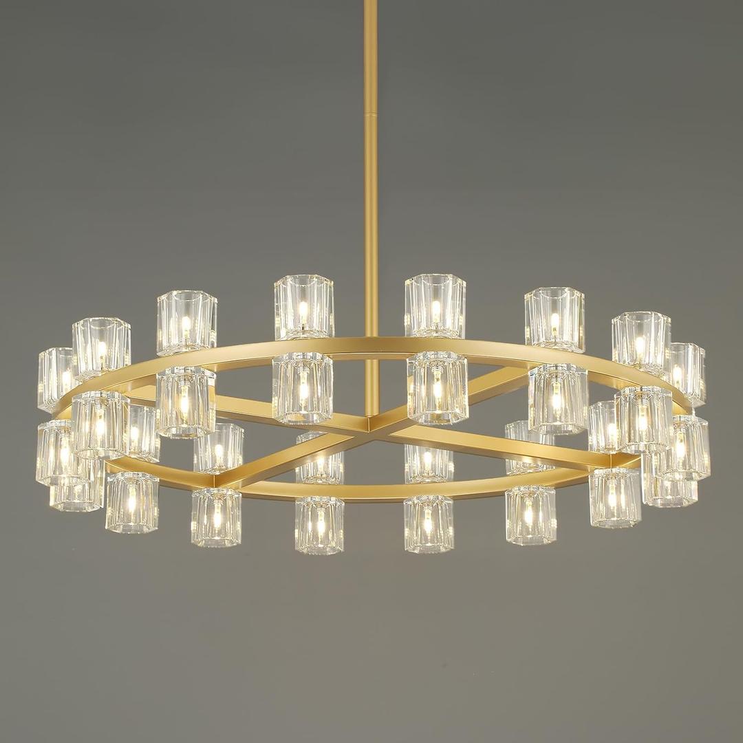 32-Lights Crystal Chandelier | Dia 33 Inch Round Chandeliers for Dining Room Over Table | Gold Dining Room Light Fixture Apply to Living Room | Foyer | Entryway | 32 X G4 Bulbs (Included), Round D33'' 32-Lights