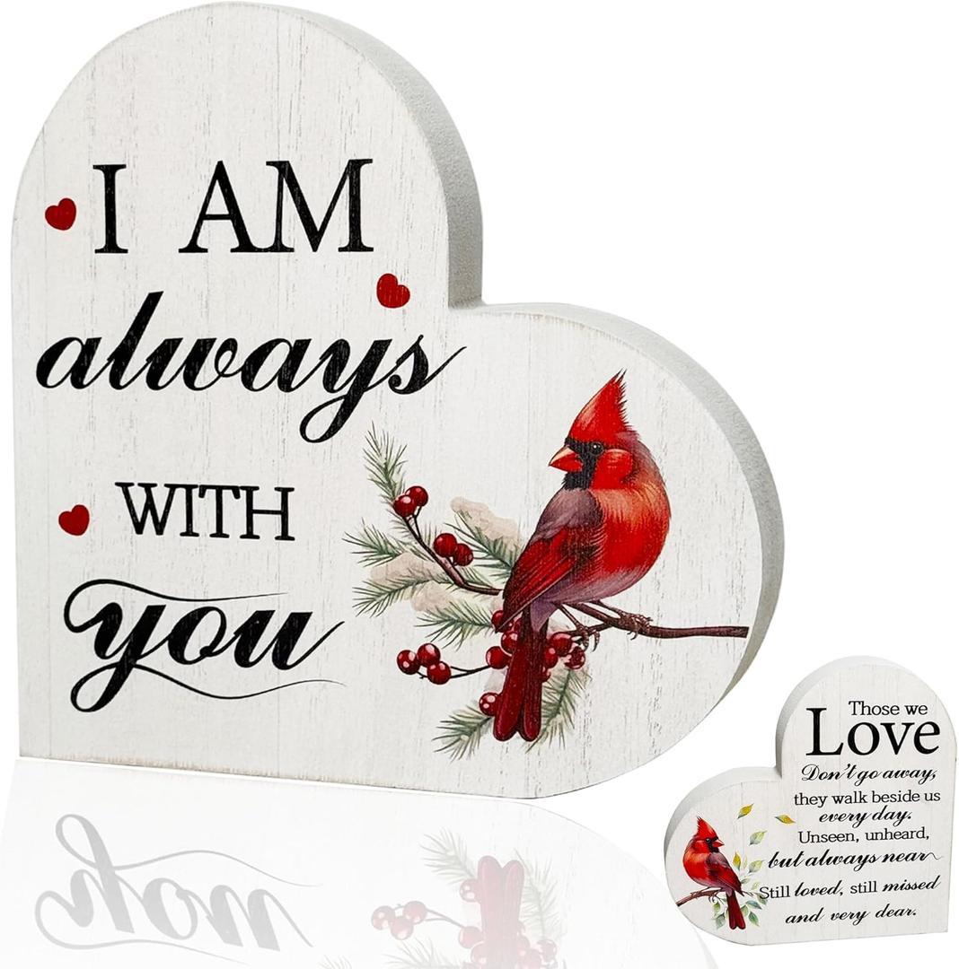 Mothers Day Memorial Gift Wooden Heart Sign Red Cardinal with Spring Leaves - Sympathy Gift for Loss of Loved One, Bereavement Tabletop Decor (Pack of 2)