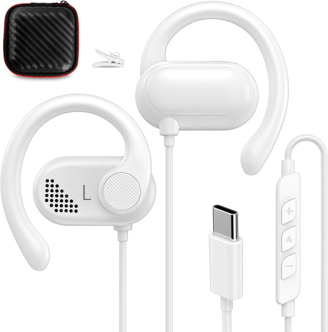 Open Ear Headphones Wired for iPhone 17 Air 16 15 Pro Max Plus/iPad, USB Type C Earphone with Mic Over Ear Wired Earbuds with Ear Hook for Samsung S26 S25 S24 Ultra S23 Fe S22+ A35/Pixel 10 9 8, White