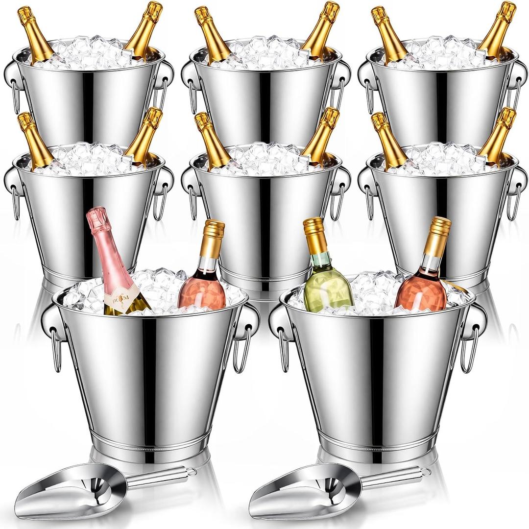 meekoo 8 Pcs 4 Quart Champagne Bucket Wine Bucket Metal Ice Container with 2 Pcs 6 oz Ice Scoop and Handles Stainless Steel Drink Cooler Cocktails Wine Chiller Beer Tub for Bar Party BBQ Banquet