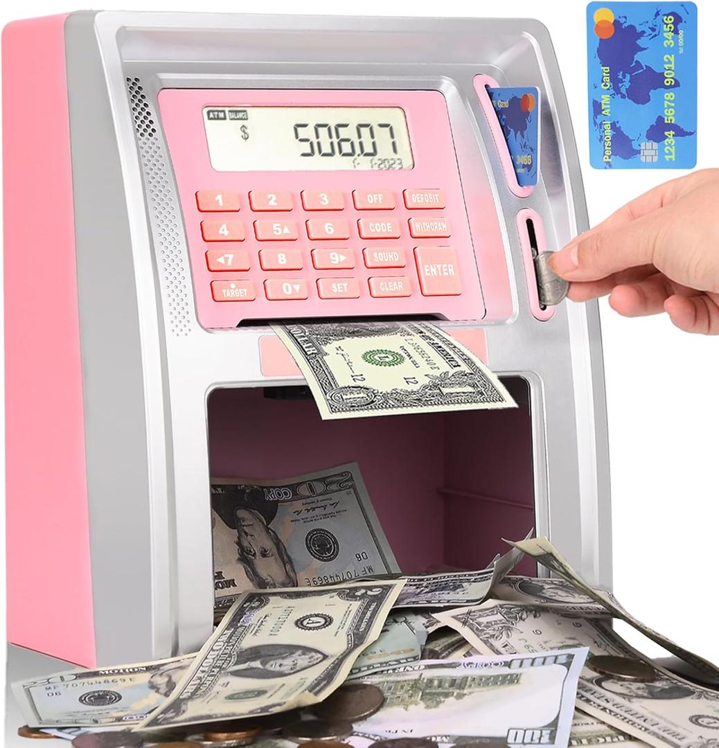 BKstar Kids Talking ATM Piggy Bank for Real Money with Dual Debit Cards, Power-Off Memory, Auto-Opening Drawer, Onekey Shutdown, Bill Feeder, Coin Recognition, Balance Calculator Machine (Pink)