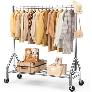 EAGMAK Heavy Duty Clothes Rack Load 420 LBS, 47.2" Long Rolling Garment Rack with Lockable Wheels, Standing Metal Clothing Hanger, Portable Wardrobe Sturdy Coat Organizer for Hanging Clothes (Silver)