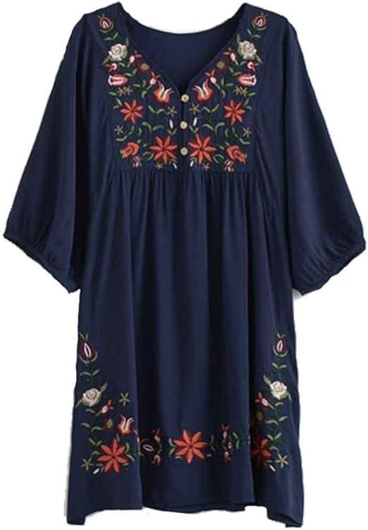 Kafeimali Summer Dress V Neck Mexican Embroidered Peasant Women's Dressy Tops Blouses One Size, Navy Blue