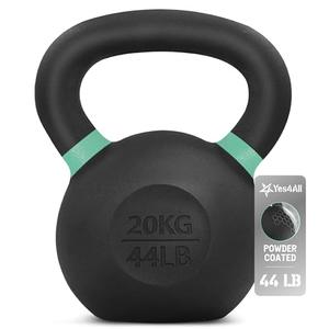 Yes4All Color Code Cast Iron Powder Coated Kettlebell with Large Handle & Flat Base, H - Green - 20 KG / 44 LB