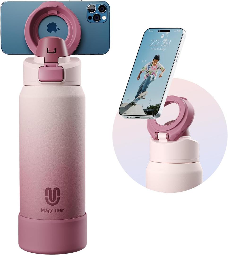 Insulated Magnetic Water Bottle - Reusable Stainless Steel Bottle with MagSafe Compatible Phone Holder - Perfect for Gym, Sports, and Travel - Blush Pink 32oz