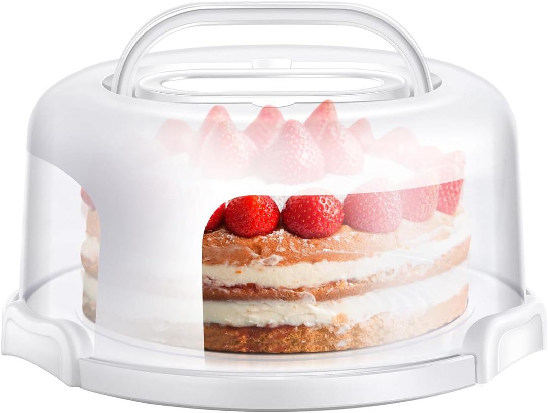 Ohuhu Cake Container, Cake Carrier with Lid and Handle BPA-Free Cake Holder for 10 inch Cake with 2 Handles Cupcake Carrier - Plastic Cover Two Sided Base for Transport Pies Nuts Fruit (White)