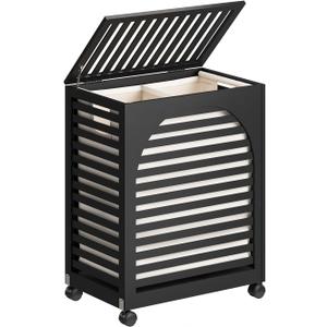 Black Laundry Hamper with Wheels, Large Laundry Basket with Lid, 27.3 Gallon (103.4L) Bamboo Wood Clothes Laundry Hamper 2 Section with Handles, Removable Liner