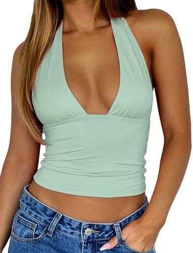 TiulZial Womens Backless Halter Tops Deep V Neck Sexy Crop Tank Top Open Back Sleeveless Slim Fit Y2k Summer Tops, Small