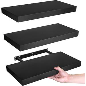 LaVie Home Floating Shelves, 15.6 Inch Wall Shelf Set of 3, Hanging Shelf with Invisible Brackets, Wall Decor for Bathroom, Bedroom, Living Room, Kitchen Storage, Classic Black