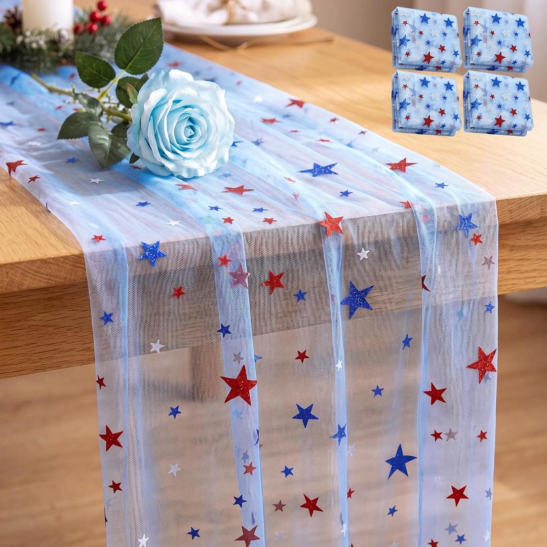 Fanfanwin 4pcs 4th of July Patriotic Table Runner, 9ft Cheesecloth Table Runner Gauze Decoration Red White and Blue Stars for Independence Day America's 250th Anniversary Home Party (Stars)
