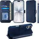 VANAVAGY Wallet Case Compatible for iPhone 17 6.3-inch 2025, Folio Flip Case with Wrist Strap RFID Blocking Card Holder Kickstand, PU Leather Shockproof Phone Cover Screen Protector,Navy Blue