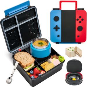 Game Bento Box for Kids, Lunch Box with Thermo(9oz Food Jar), Folding Spoon, Removable Divider & Sauce Cup, Lunch Box Kids for School,Travel, BPA-Free & Realistic Shape(Blue-Red)
