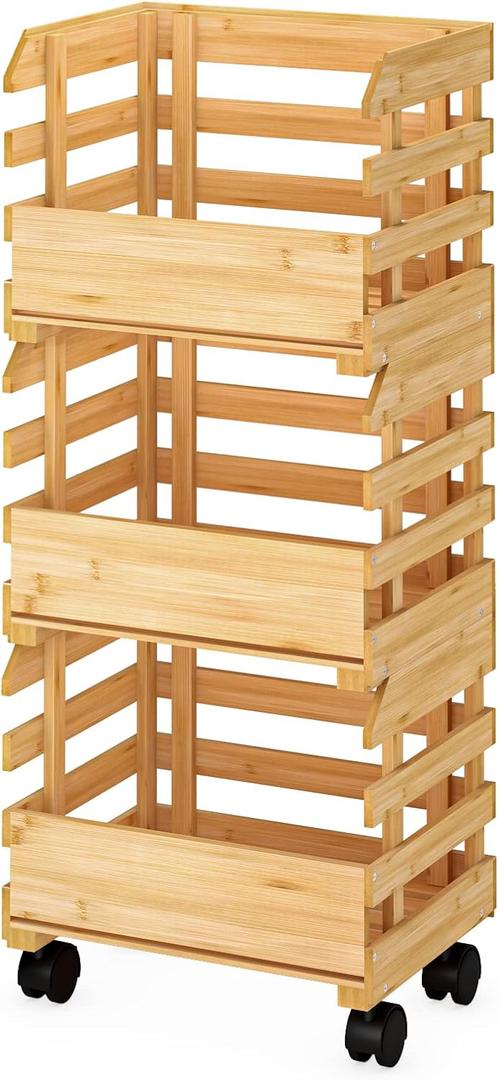 G.a HOMEFAVOR Bamboo Fruit Basket Stand, Potato and Onion Storage Cart, 3-Tier Fruit Basket with wheels, Vegetable Storage for Kitchen Floor (Self-assembly)
