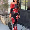 ZESICA Women's Long Sleeve Floral Maxi Dress 2026 Fall Off Shoulder Bodycon Ruched Mesh Cocktail Wedding Guest Dresses (XL)