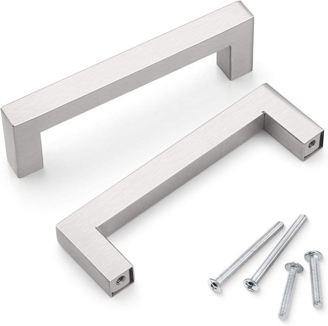 Probrico Cabinet Handles Stainless Steel Kitchen Drawer Pulls Square Bar Cabinet Hardware for Kitchen Bathroom Cupboard Dresser Brushed Nickel 10 Pack 4 Inch (102mm) Hole Center