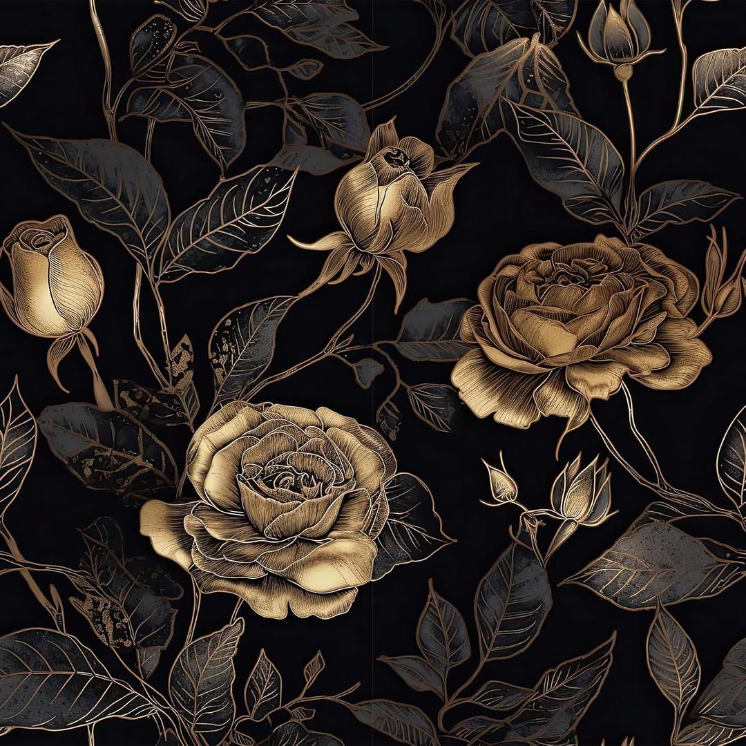 ReWallpaper Black Floral Wallpaper Removable Black and Gold Wall Paper Peel and Stick Bedroom 17.5inX23ft Moody Dark Floral Wallpaper Vintage Gold Rose Flower Wall Decor Living Room Bathroom Walls